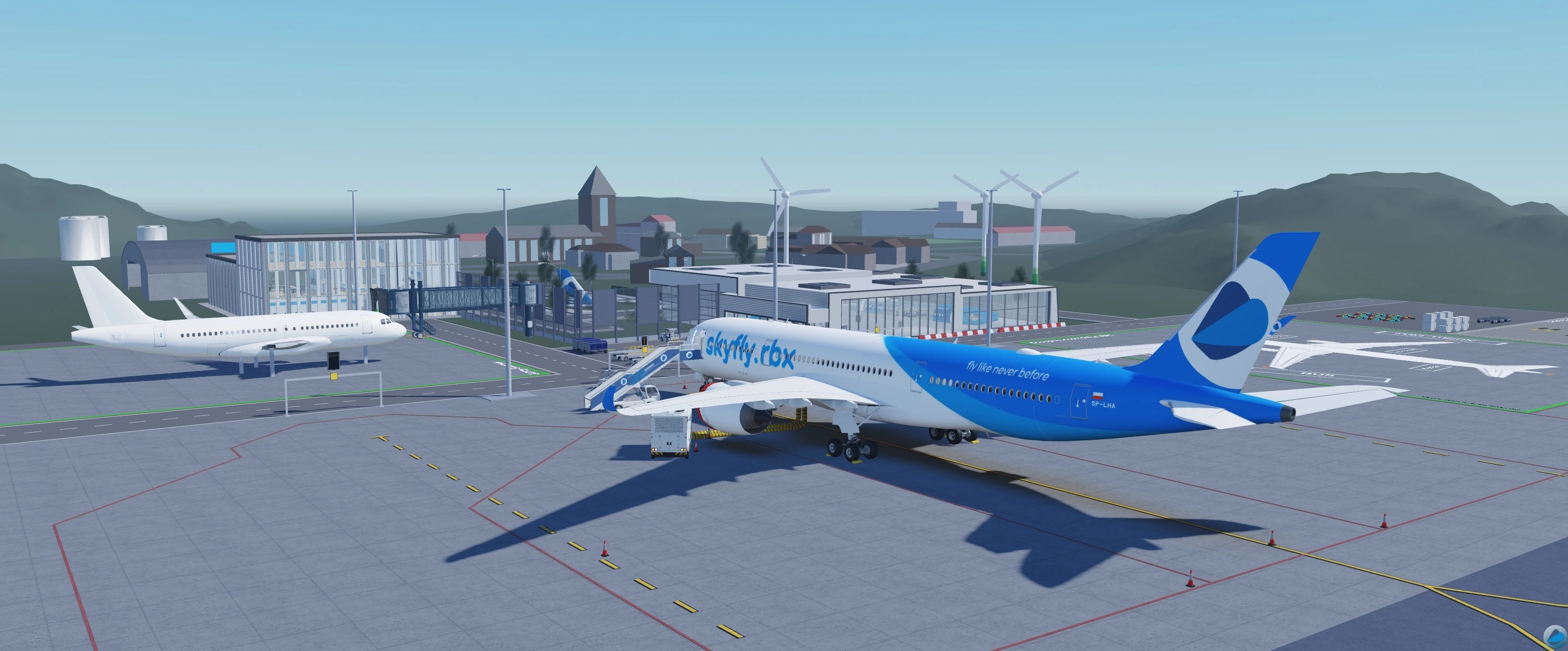 Airbus A350 parked on the SkyFly Campus.